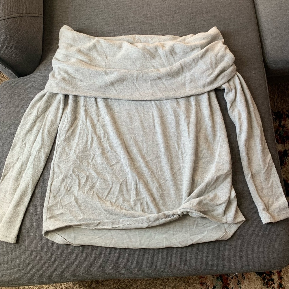 Grey Off the Shoulder Tied Sweater